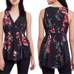 Free People New Size S Black Back to the Basics‎ Floral Print Wrap Tunic Blouse